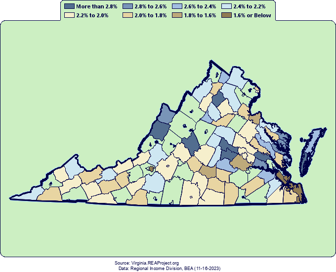 Virginia Real Per Capita Personal Income Growth by Decade